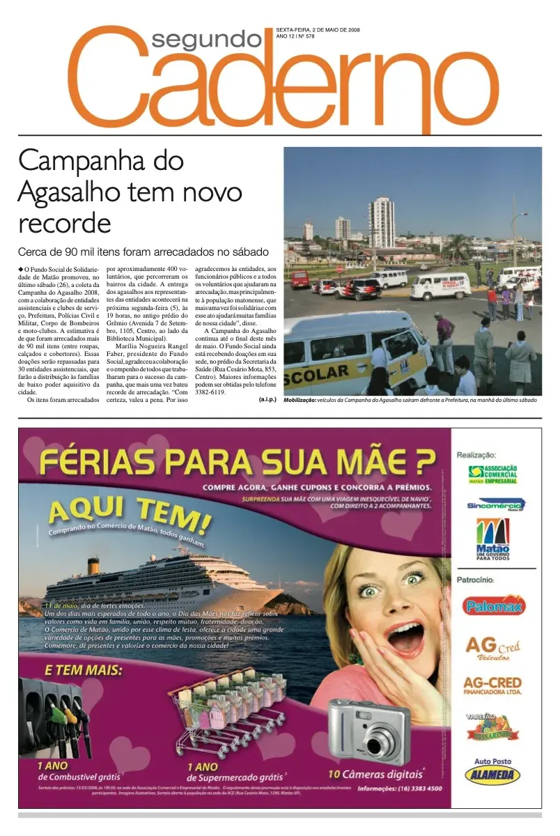 Primeira página da edição 4418 de A Comarca, 2 de maio de 2008