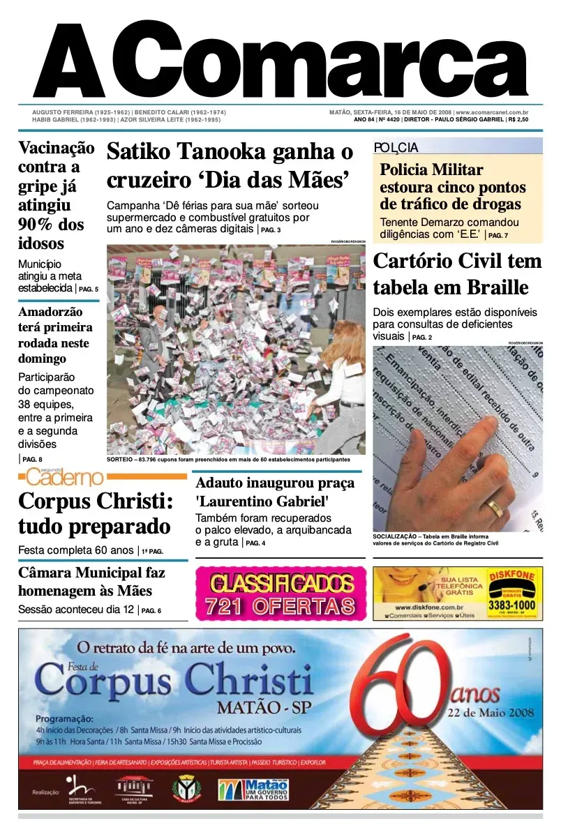 Primeira página da edição 4420 de A Comarca, 16 de maio de 2008