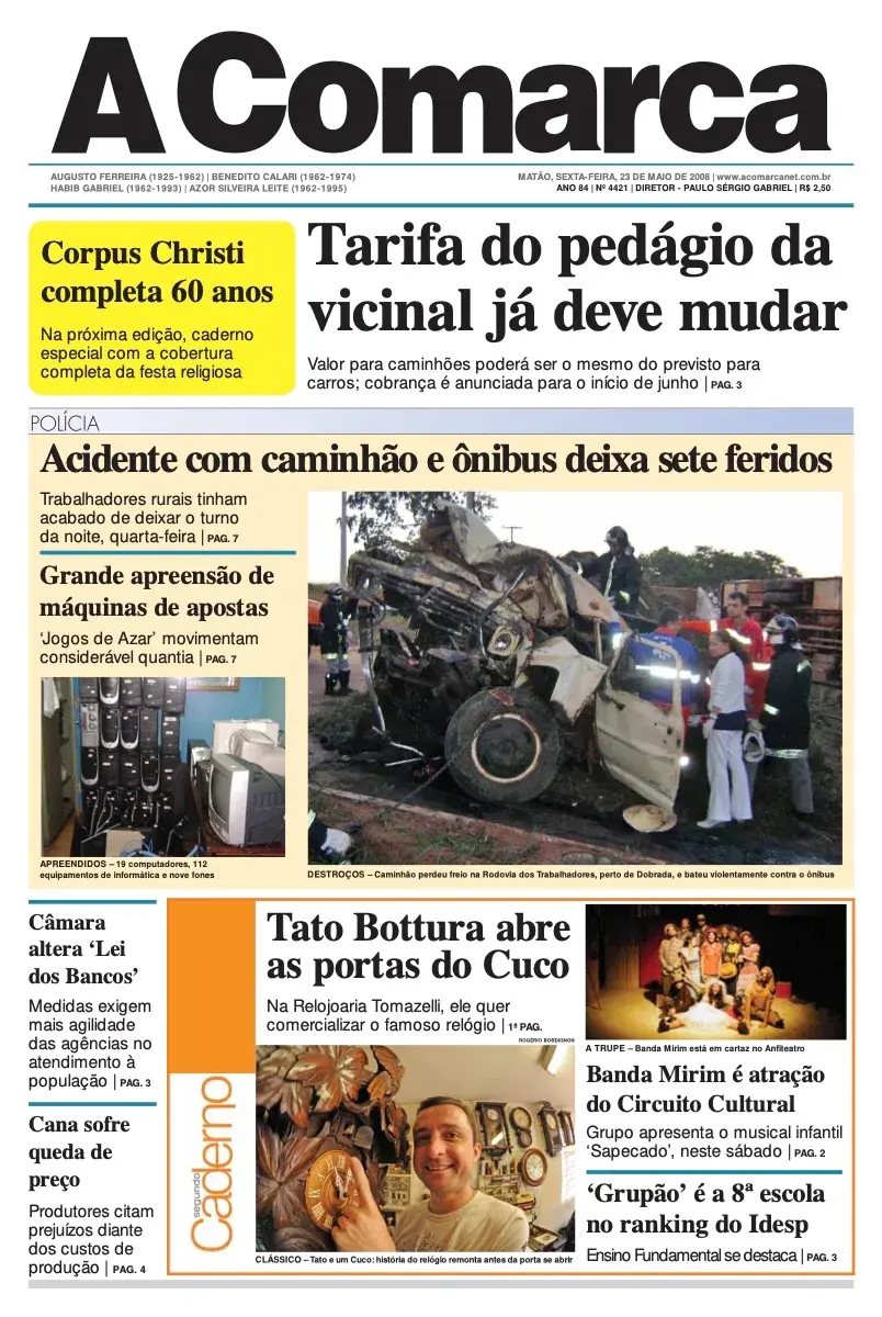 Primeira página da edição 4421 de A Comarca, 23 de maio de 2008