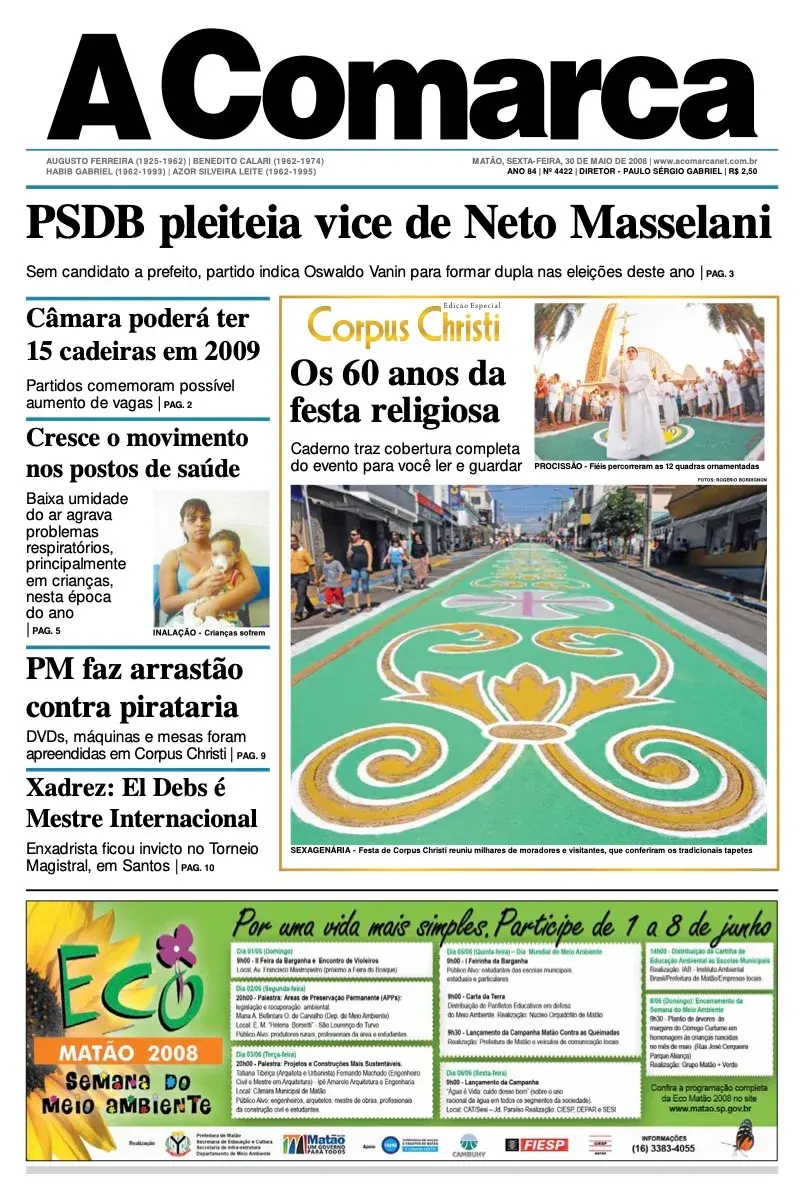 Primeira página da edição 4422 de A Comarca, 30 de maio de 2008