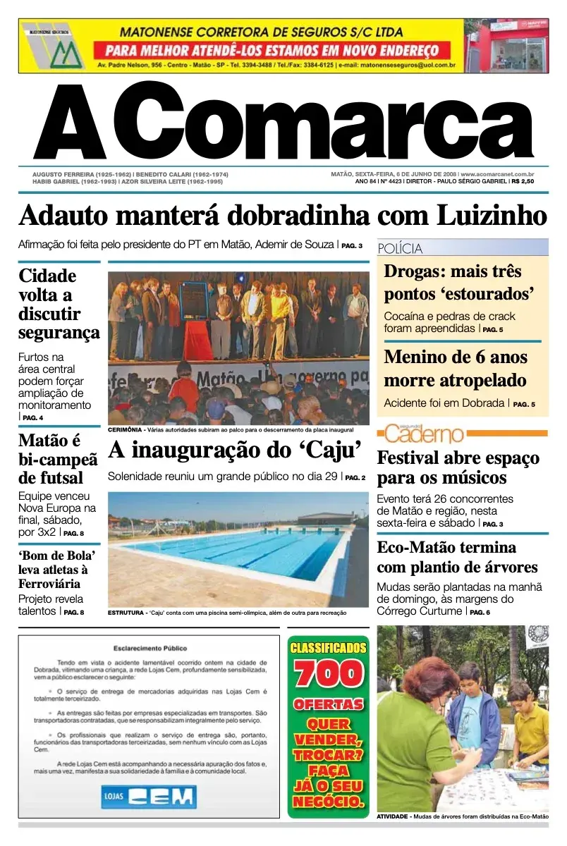 Primeira página da edição 4423 de A Comarca, 6 de junho de 2008