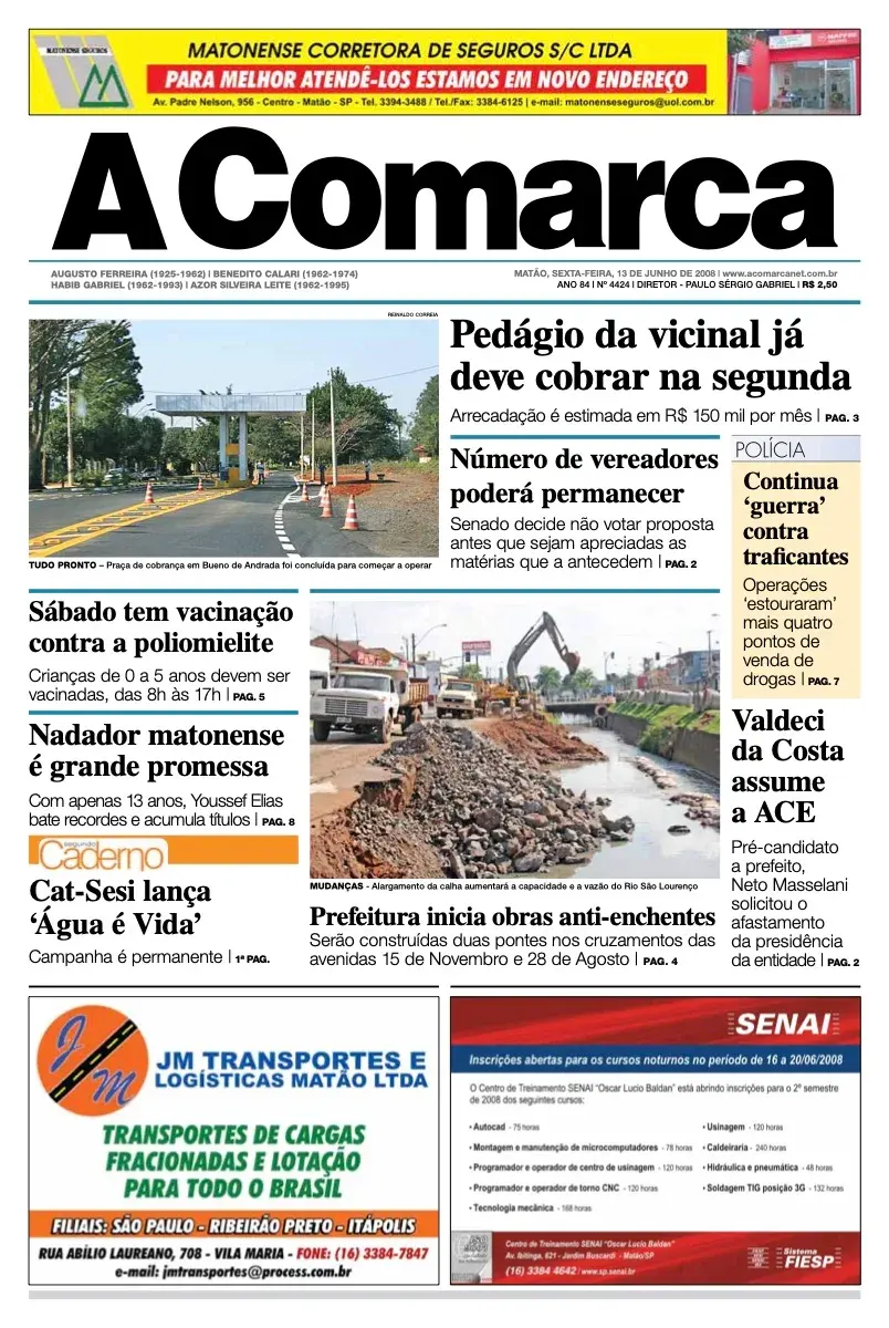 Primeira página da edição 4424 de A Comarca, 13 de junho de 2008