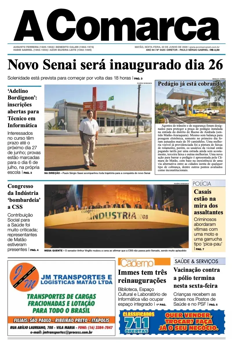 Primeira página da edição 4425 de A Comarca, 20 de junho de 2008