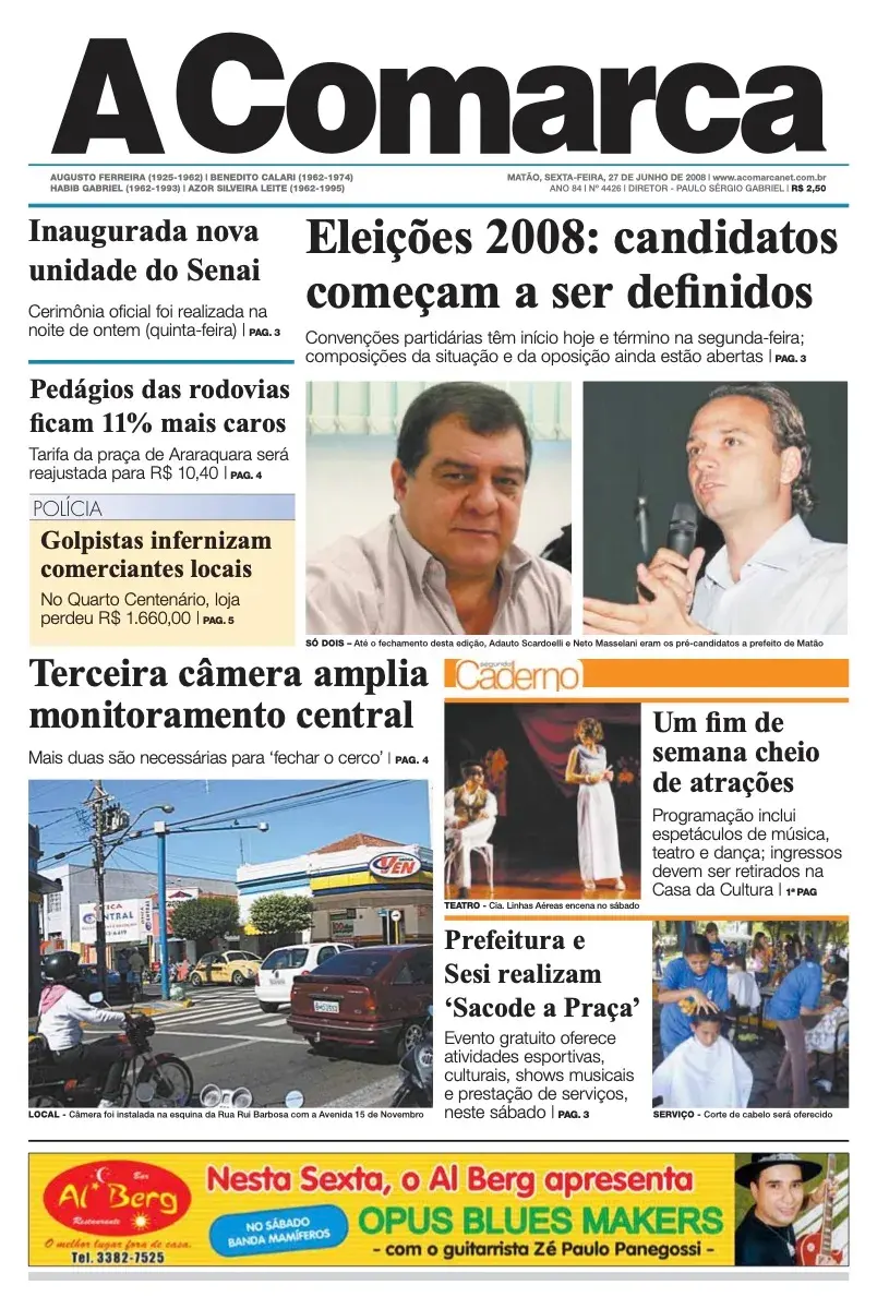 Primeira página da edição 4426 de A Comarca, 27 de junho de 2008