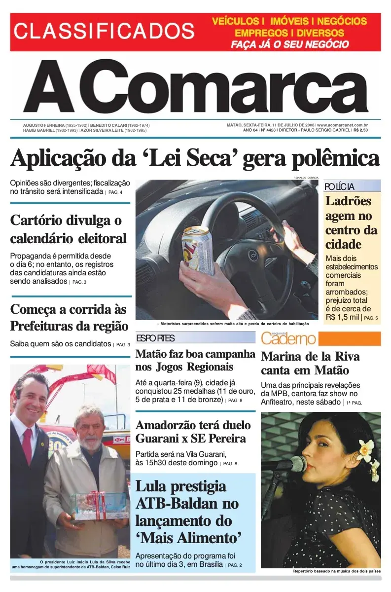 Primeira página da edição 4428 de A Comarca, 11 de julho de 2008