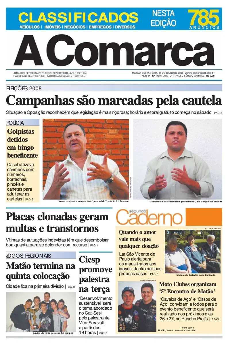 Primeira página da edição 4429 de A Comarca, 18 de julho de 2008