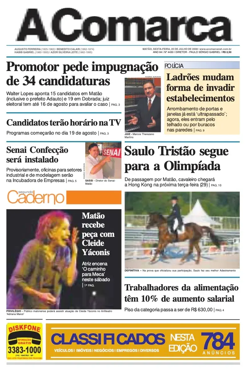 Primeira página da edição 4430 de A Comarca, 25 de julho de 2008