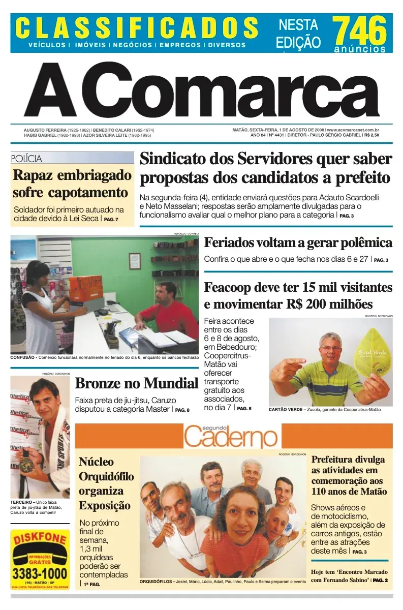 Primeira página da edição 4431 de A Comarca, 1 de agosto de 2008