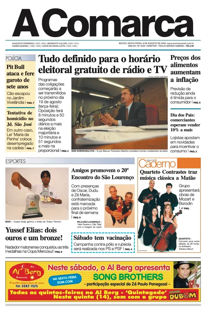 Primeira página da edição 4432 de A Comarca, 8 de agosto de 2008