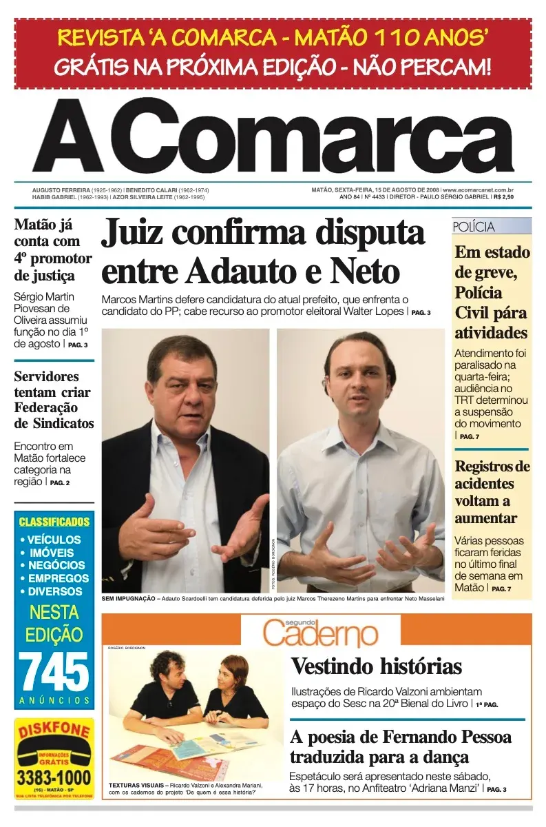 Primeira página da edição 4433 de A Comarca, 15 de agosto de 2008