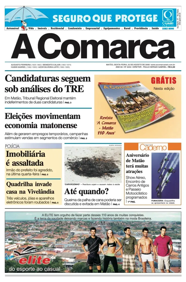 Primeira página da edição 4434 de A Comarca, 22 de agosto de 2008