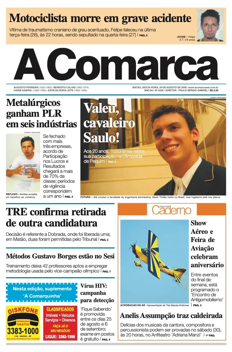 Primeira página da edição 4435 de A Comarca, 29 de agosto de 2008