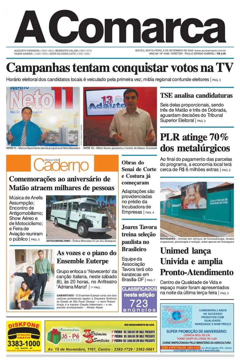 Primeira página da edição 4436 de A Comarca, 5 de setembro de 2008