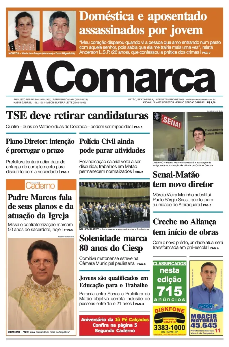 Primeira página da edição 4437 de A Comarca, 12 de setembro de 2008