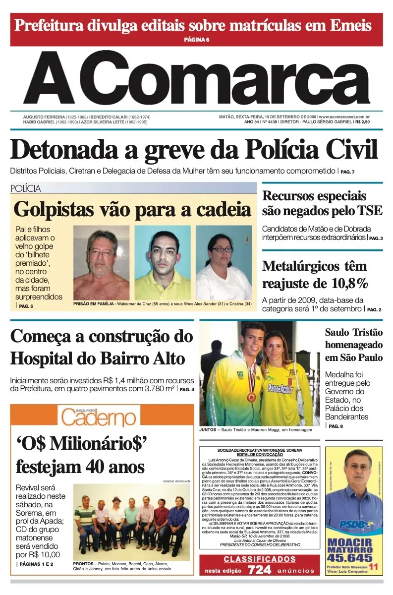 Primeira página da edição 4438 de A Comarca, 19 de setembro de 2008