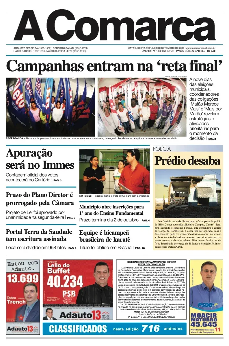 Primeira página da edição 4439 de A Comarca, 26 de setembro de 2008