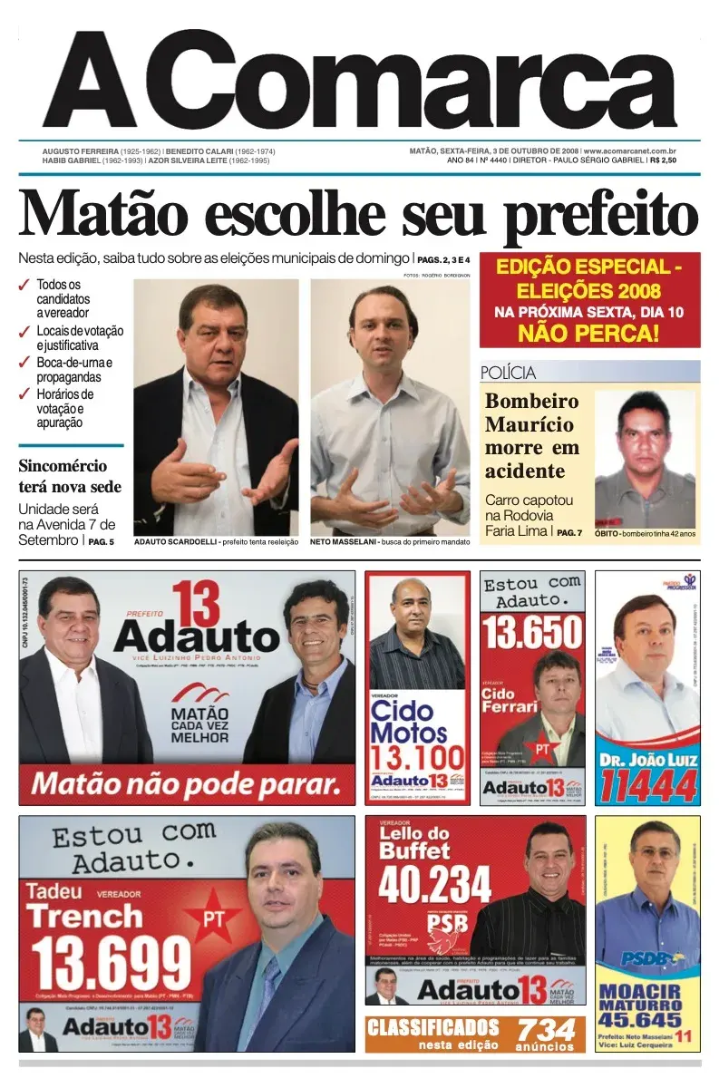 Primeira página da edição 4440 de A Comarca, 3 de outubro de 2008