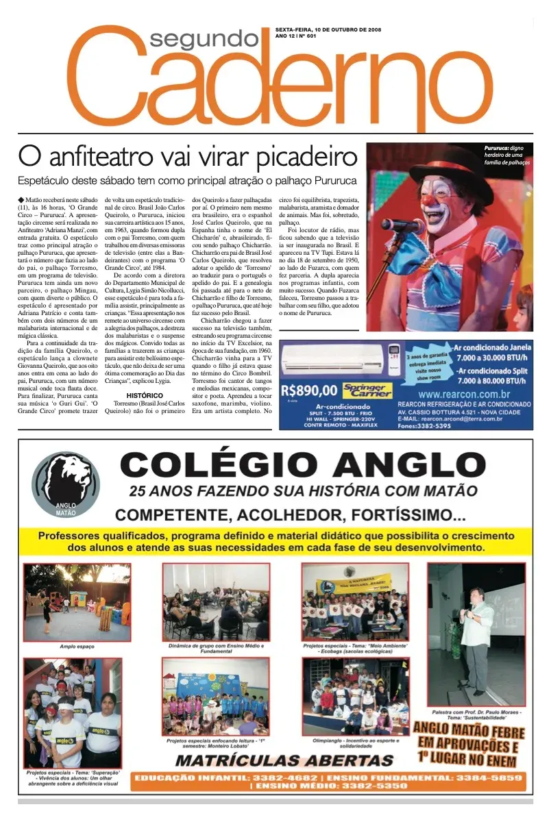 Primeira página da edição 4441 de A Comarca, 10 de outubro de 2008