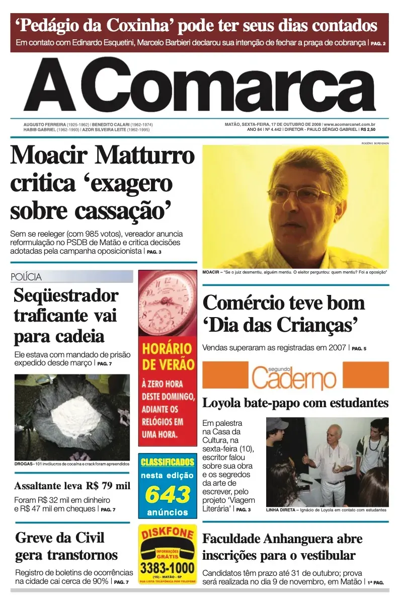 Primeira página da edição 4442 de A Comarca, 17 de outubro de 2008