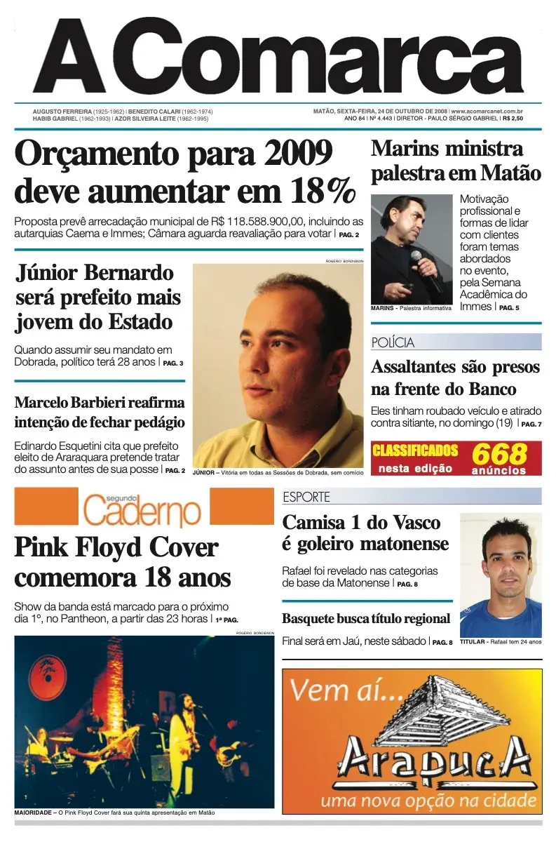 Primeira página da edição 4443 de A Comarca, 24 de outubro de 2008