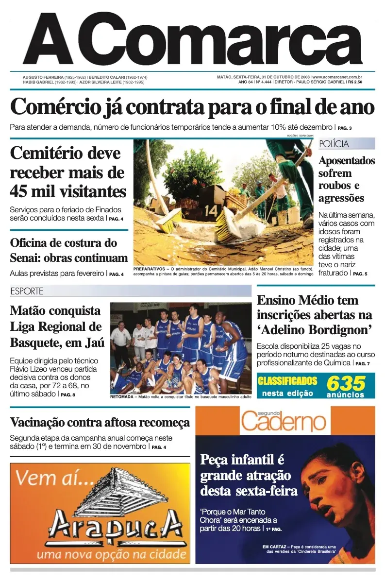 Primeira página da edição 4444 de A Comarca, 31 de outubro de 2008