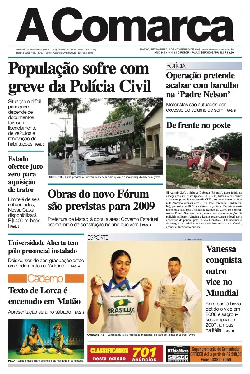 Primeira página da edição 4445 de A Comarca, 7 de novembro de 2008