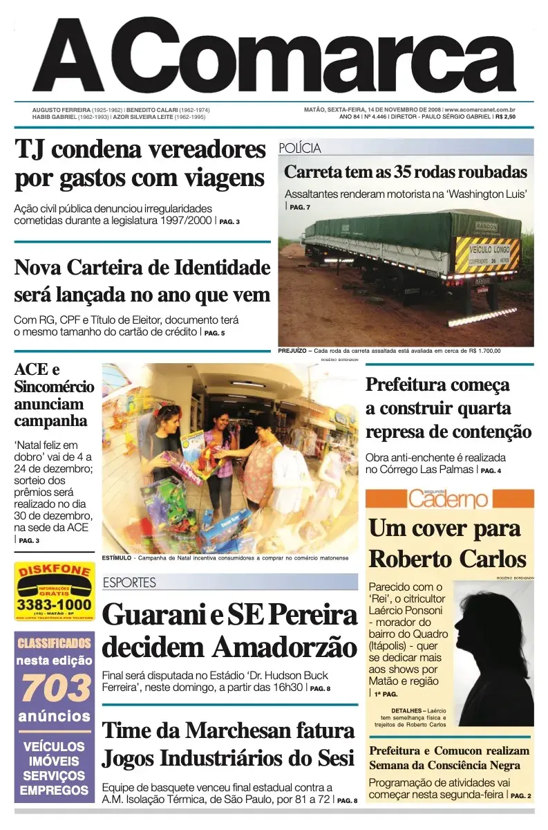 Primeira página da edição 4446 de A Comarca, 14 de novembro de 2008