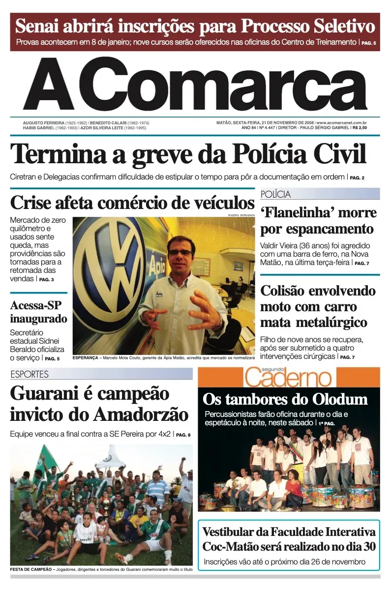 Primeira página da edição 4447 de A Comarca, 21 de novembro de 2008