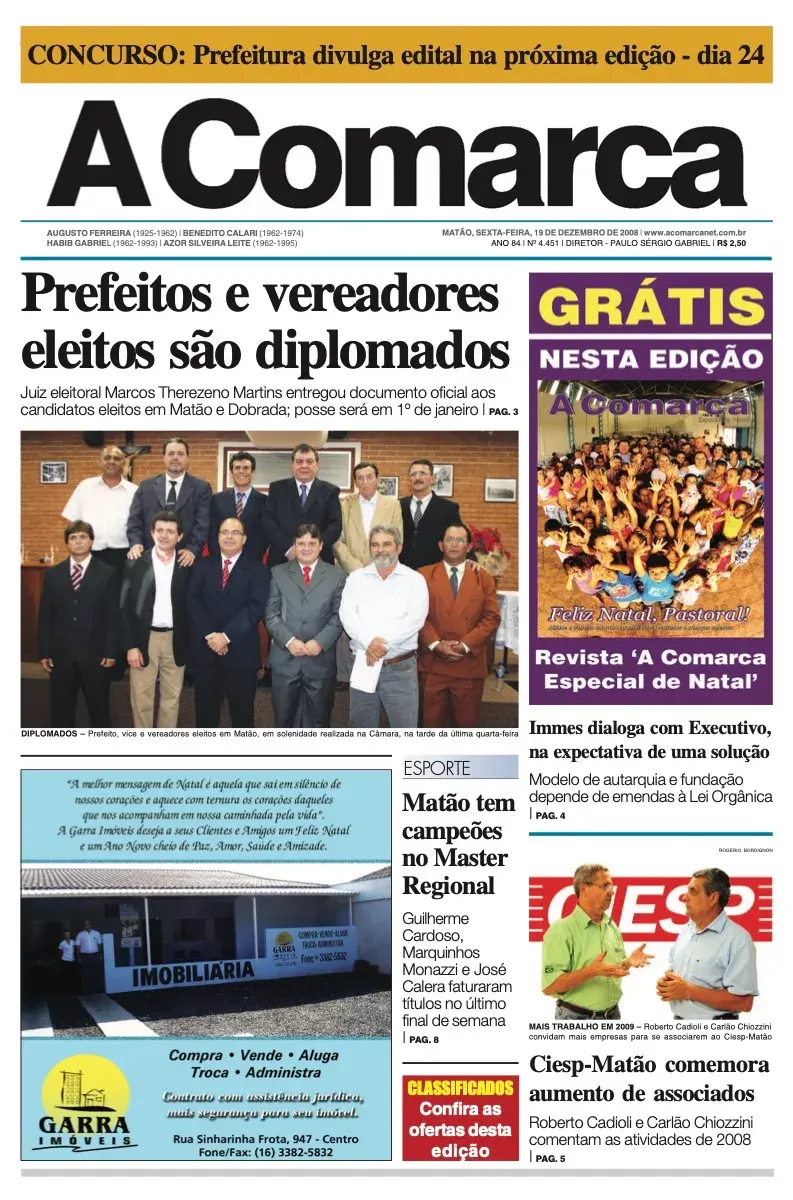 Primeira página da edição 4451 de A Comarca, 19 de dezembro de 2008