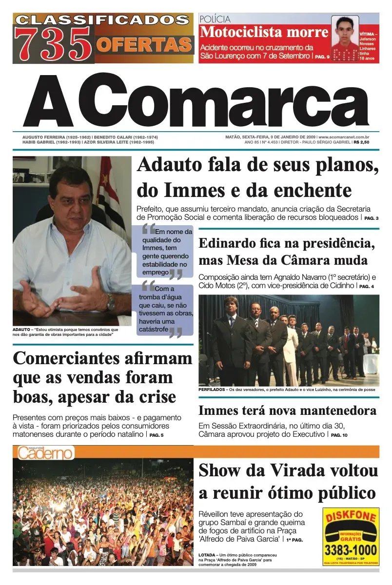 Primeira página da edição 4453 de A Comarca, 9 de janeiro de 2009