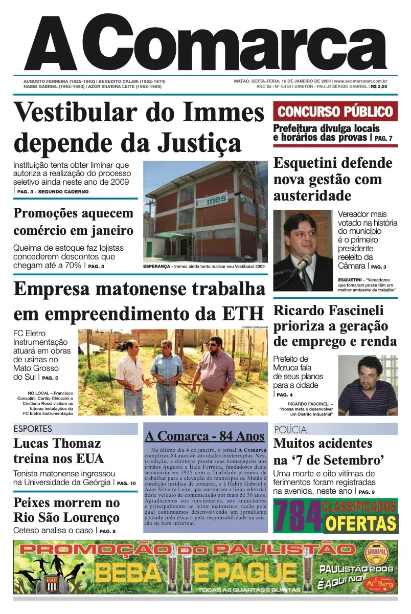 Primeira página da edição 4454 de A Comarca, 16 de janeiro de 2009