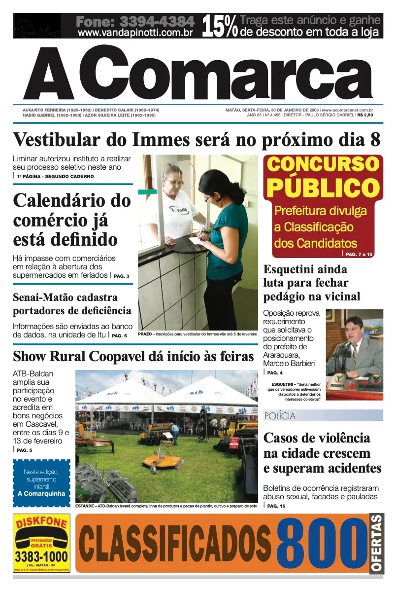 Primeira página da edição 4456 de A Comarca, 30 de janeiro de 2009
