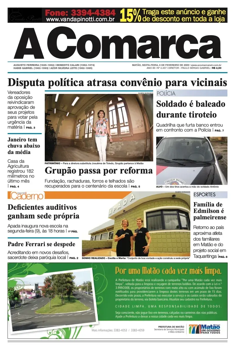 Primeira página da edição 4457 de A Comarca, 6 de fevereiro de 2009