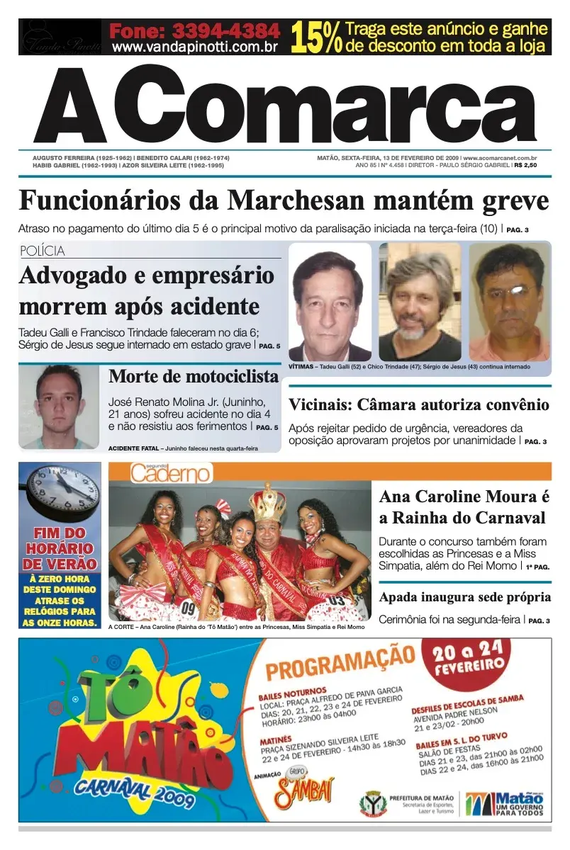 Primeira página da edição 4458 de A Comarca, 13 de fevereiro de 2009