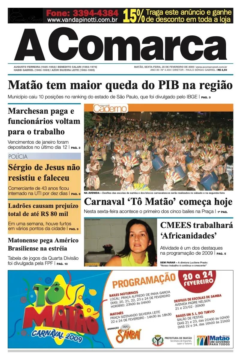 Primeira página da edição 4459 de A Comarca, 20 de fevereiro de 2009