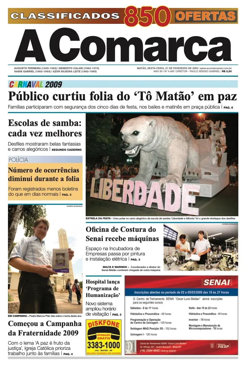 Primeira página da edição 4460 de A Comarca, 27 de fevereiro de 2009