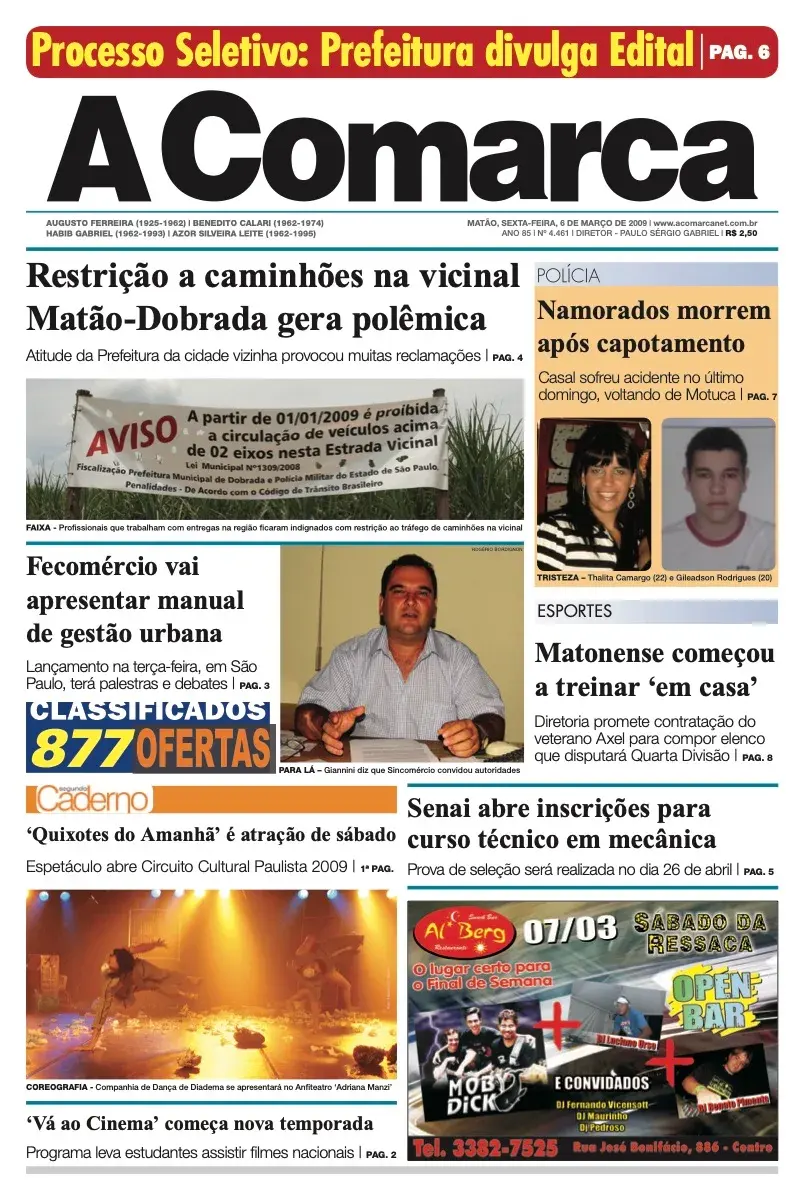 Primeira página da edição 4461 de A Comarca, 6 de março de 2009