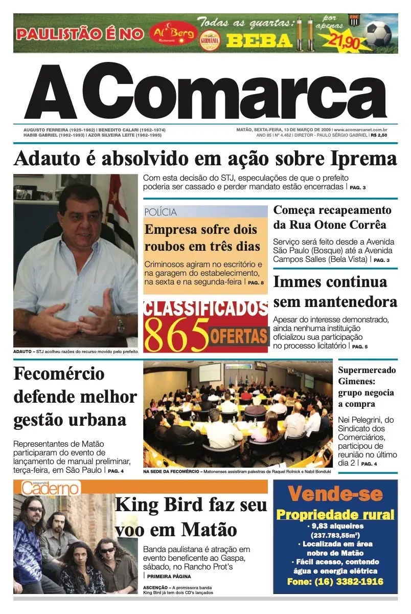 Primeira página da edição 4462 de A Comarca, 13 de março de 2009