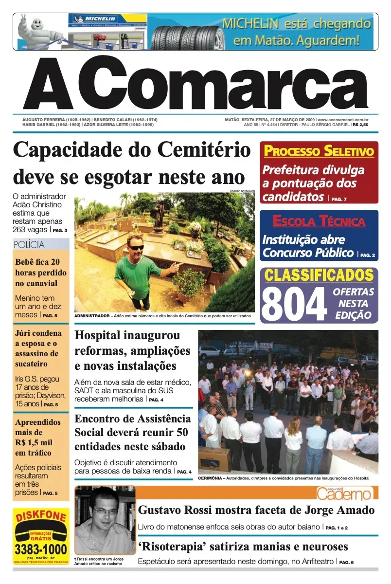 Primeira página da edição 4464 de A Comarca, 27 de março de 2009