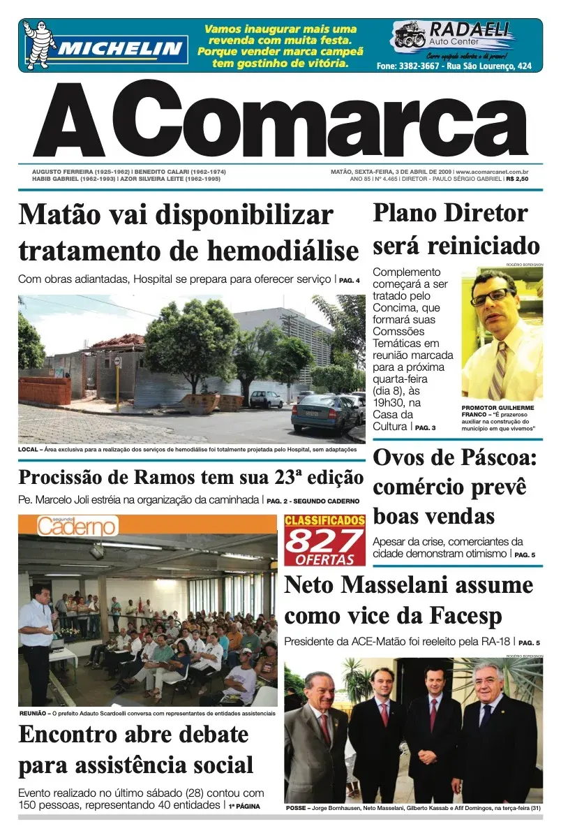 Primeira página da edição 4465 de A Comarca, 3 de abril de 2009
