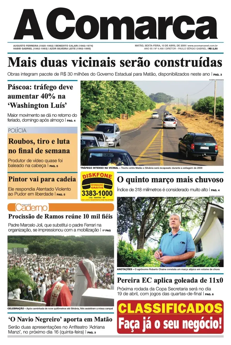 Primeira página da edição 4466 de A Comarca, 10 de abril de 2009