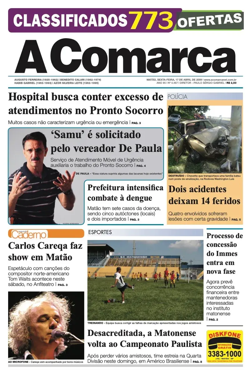 Primeira página da edição 4467 de A Comarca, 17 de abril de 2009