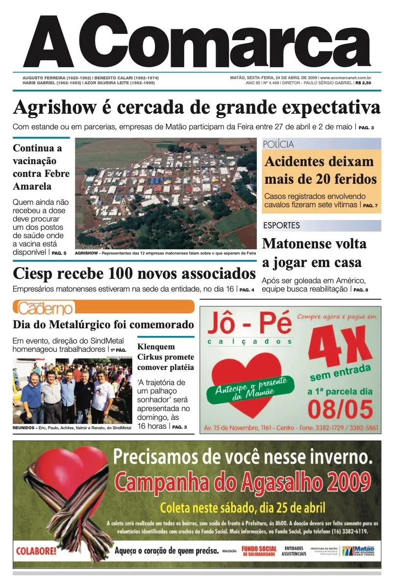 Primeira página da edição 4468 de A Comarca, 24 de abril de 2009