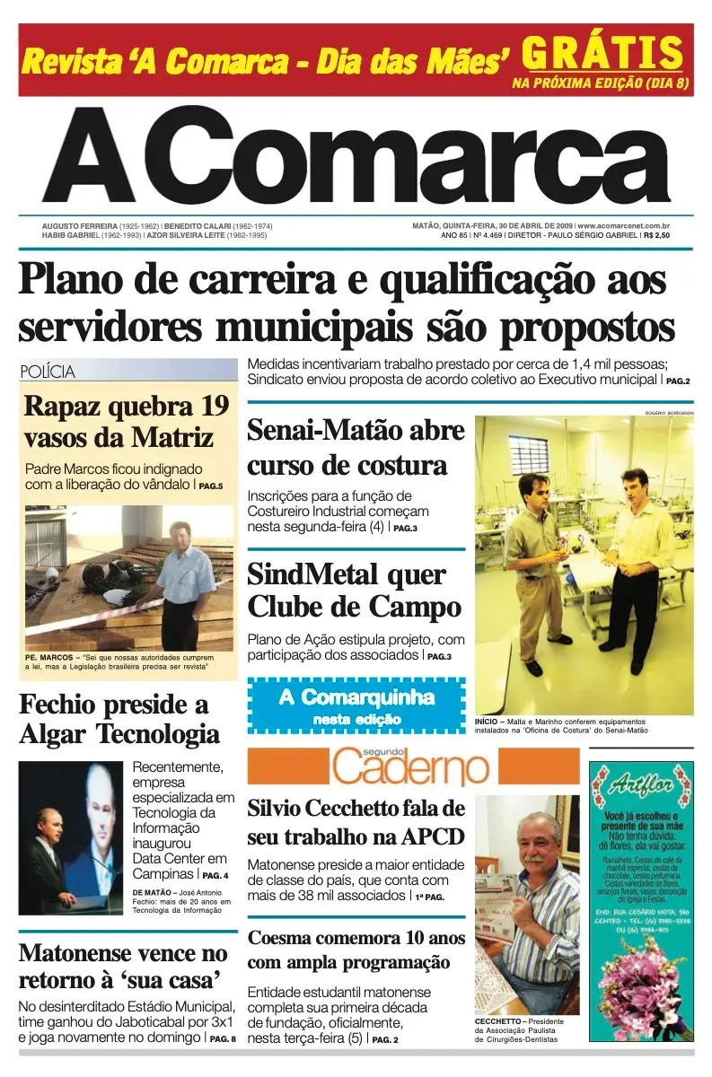 Primeira página da edição 4469 de A Comarca, 30 de abril de 2009