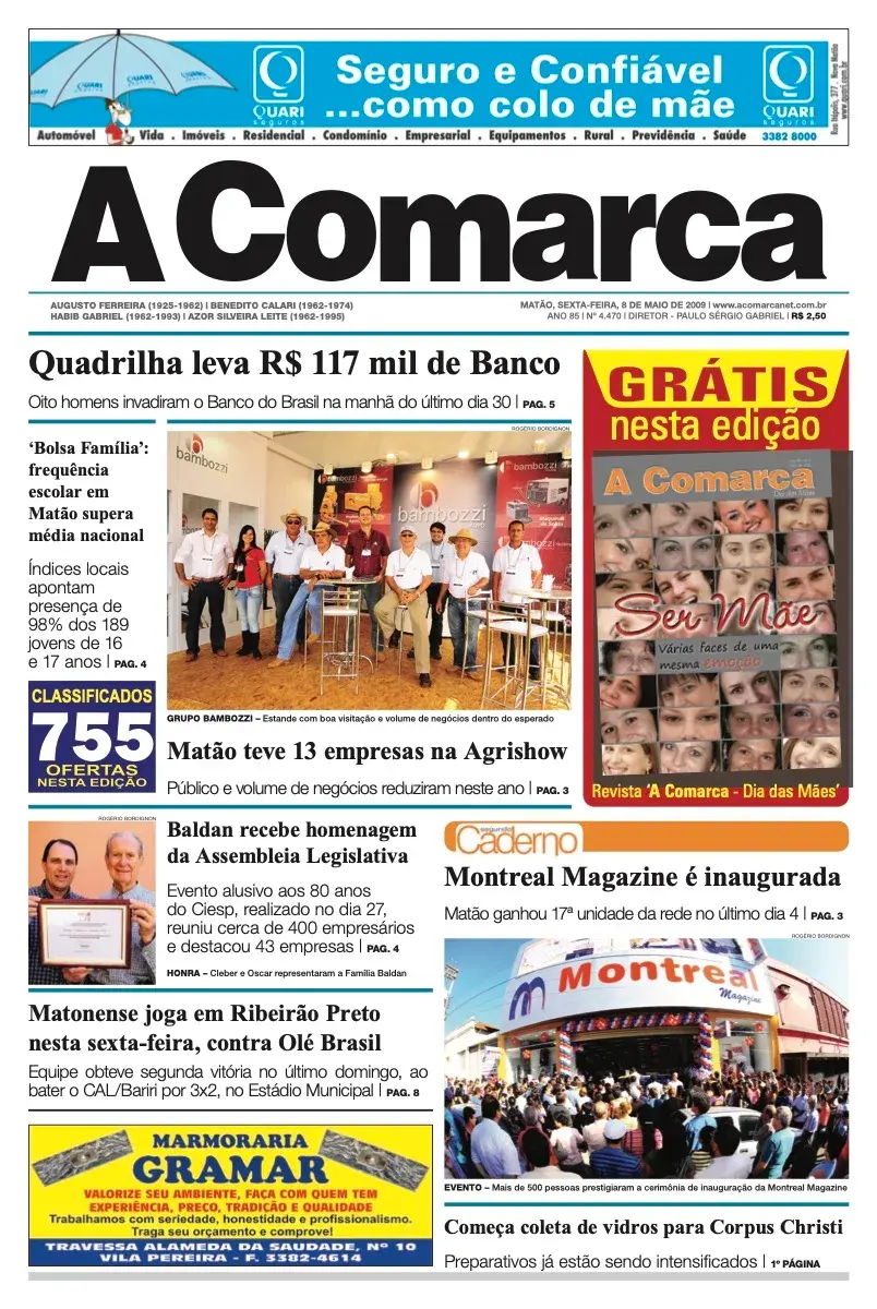 Primeira página da edição 4470 de A Comarca, 8 de maio de 2009