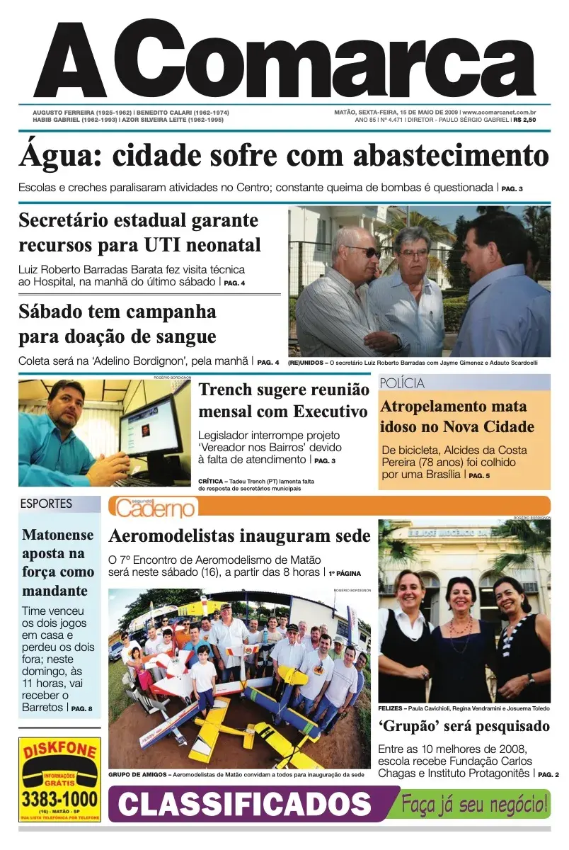 Primeira página da edição 4471 de A Comarca, 15 de maio de 2009