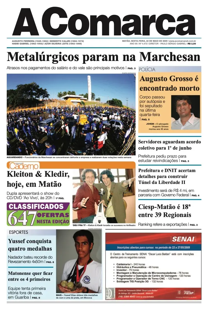 Primeira página da edição 4472 de A Comarca, 22 de maio de 2009