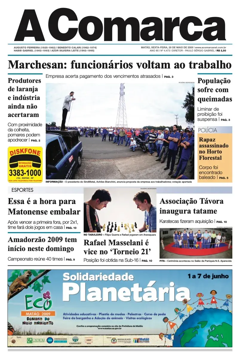 Primeira página da edição 4473 de A Comarca, 29 de maio de 2009