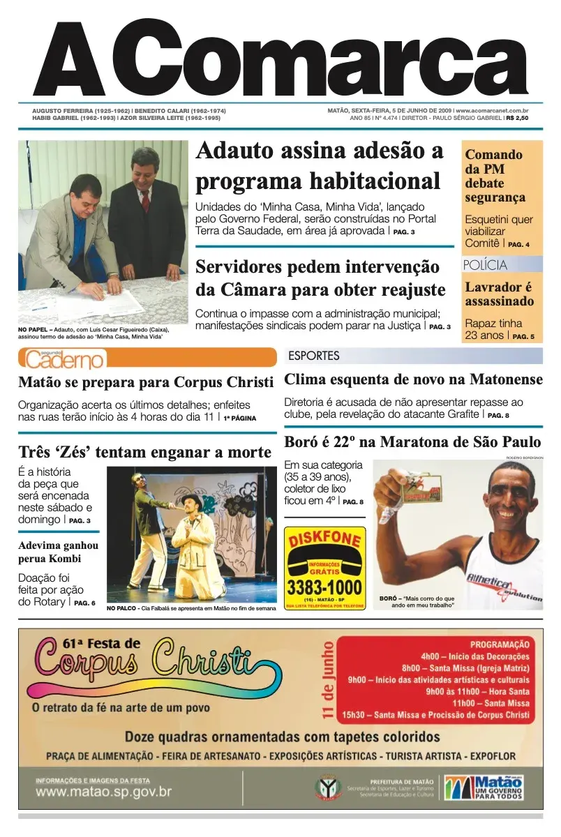 Primeira página da edição 4474 de A Comarca, 5 de junho de 2009