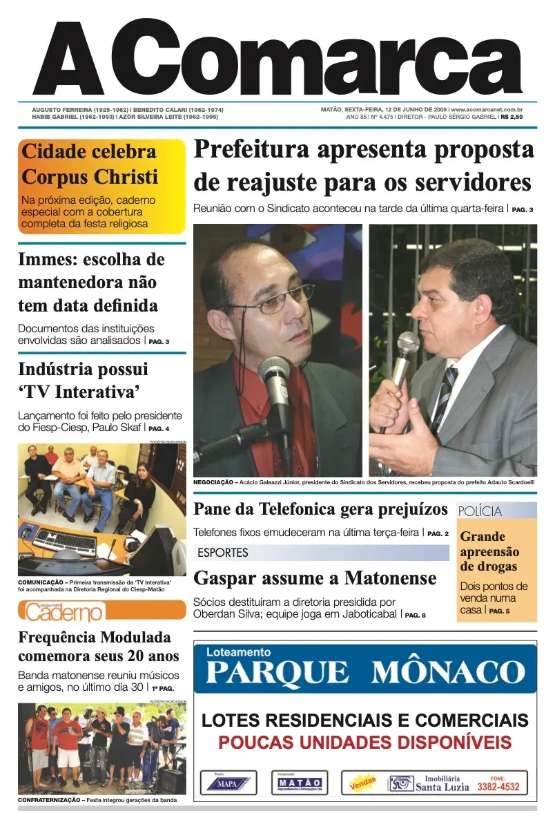 Primeira página da edição 4475 de A Comarca, 12 de junho de 2009